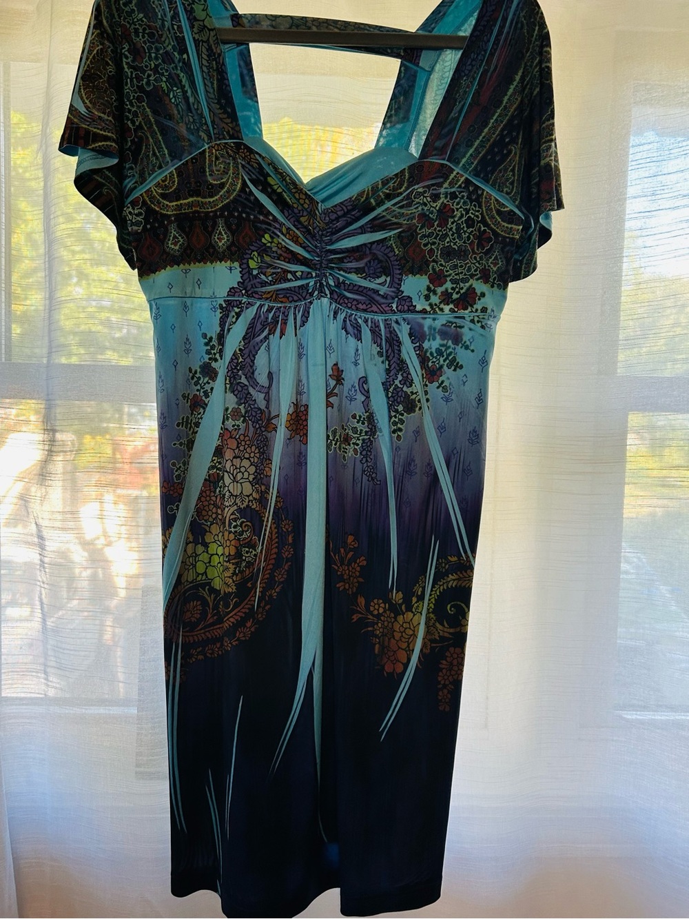 Women's Blue OneWorld Floral Empire-Waist Dress back cut-out